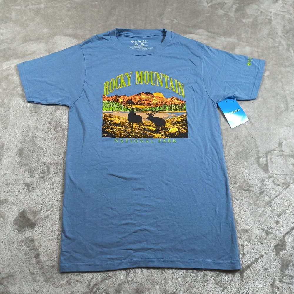 Columbia Rocky Mountain Shirt Mens Small Blue National Park Deer Outdoor New